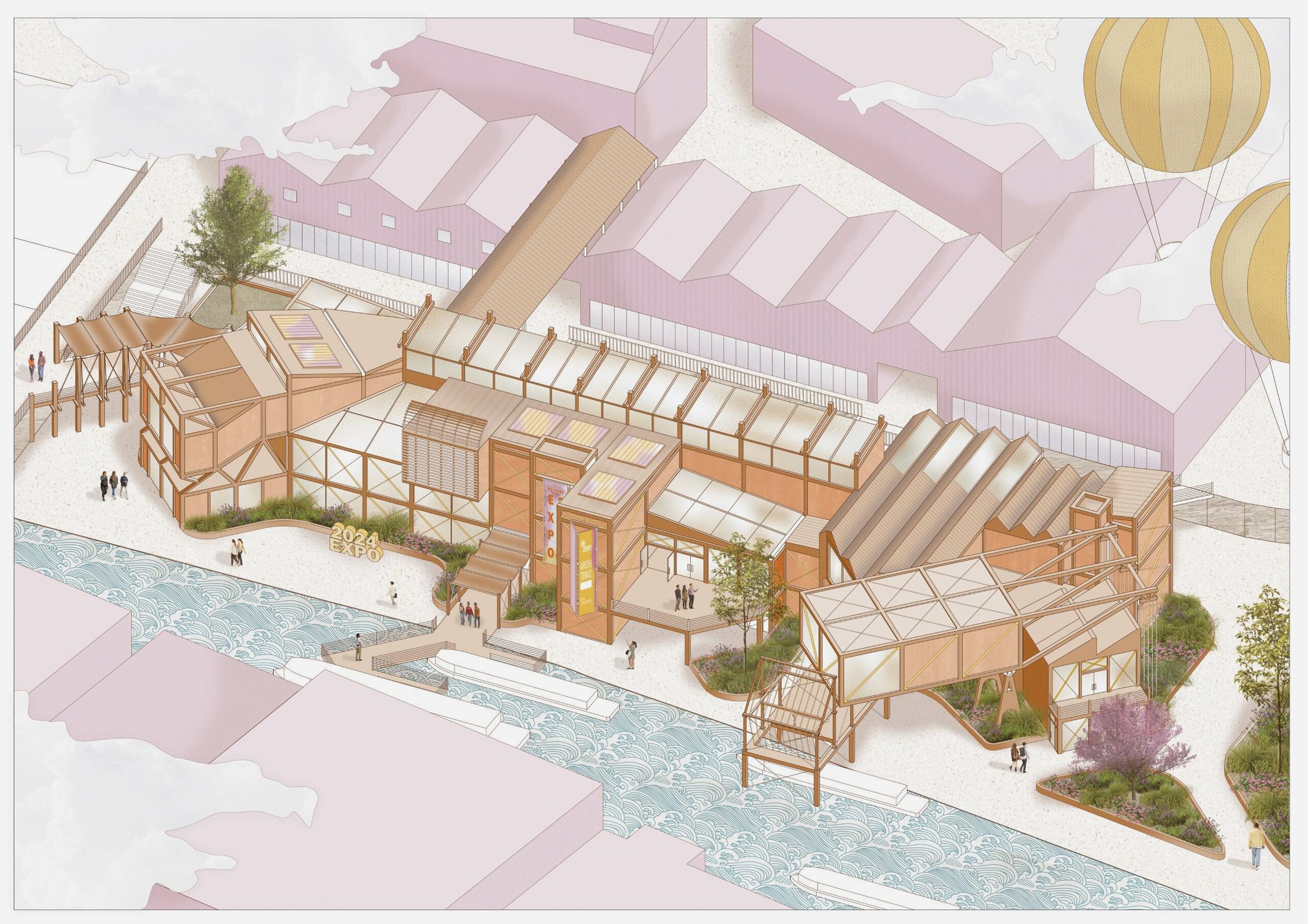 A digital illustration of a building in tones of brown and beige, by a waterfront, with surrounding pink buildings around it.