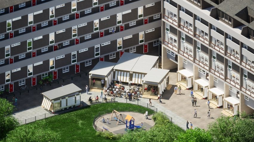 A visualisation of a council estate in tones of grey, white and red, with a courtyard at its centre which features a green park. There are huts in the courtyard where there is a small group of people.