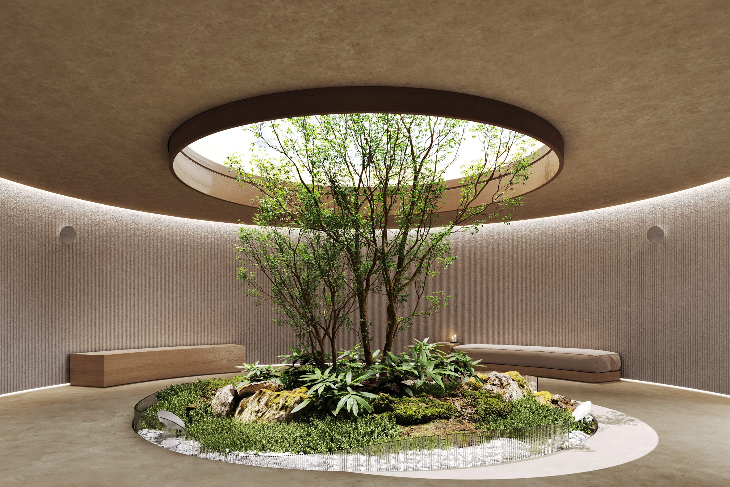 A visualisation of a circular interior with a circular cut out in its ceiling. There is a tree planted in the middle of the room that goes up through the ceiling and the walls are in tones of brown and beige.