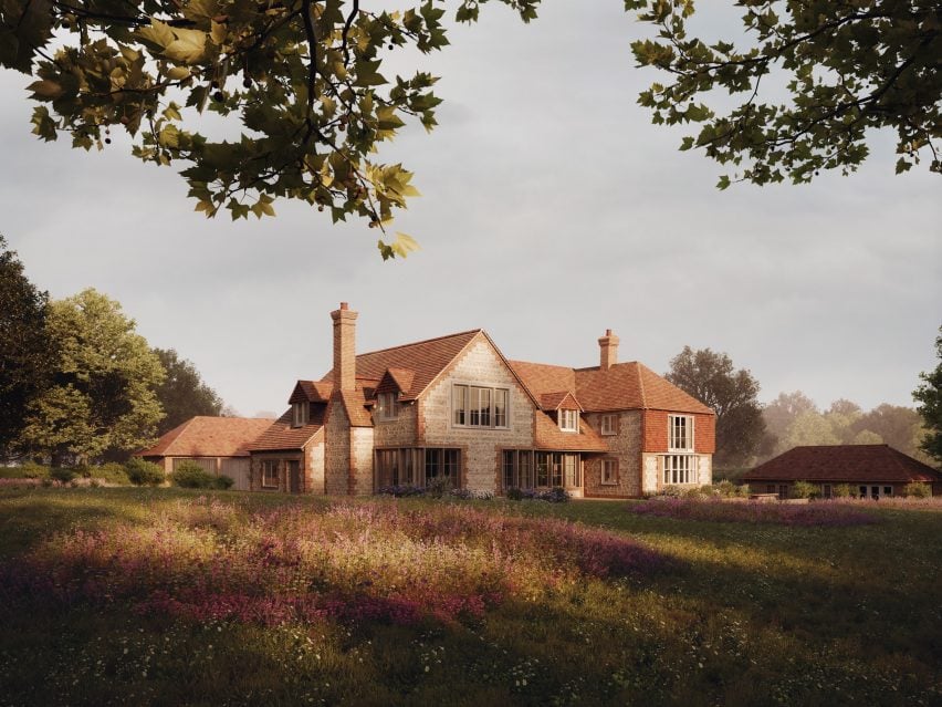 A photograph of a house in a field.