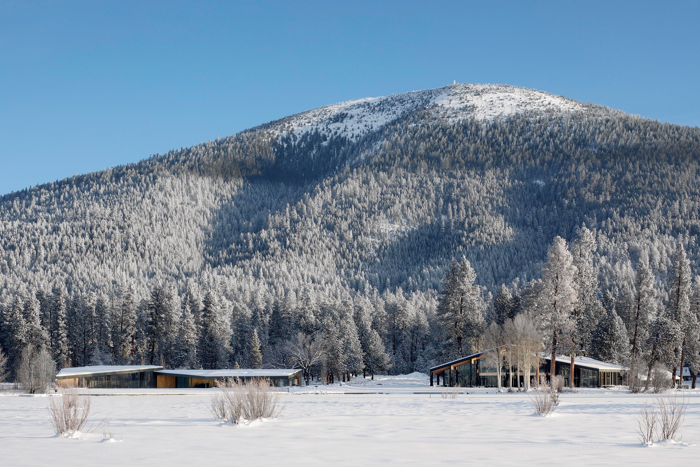 Hacker blackened cedar lodge with mountain in the background