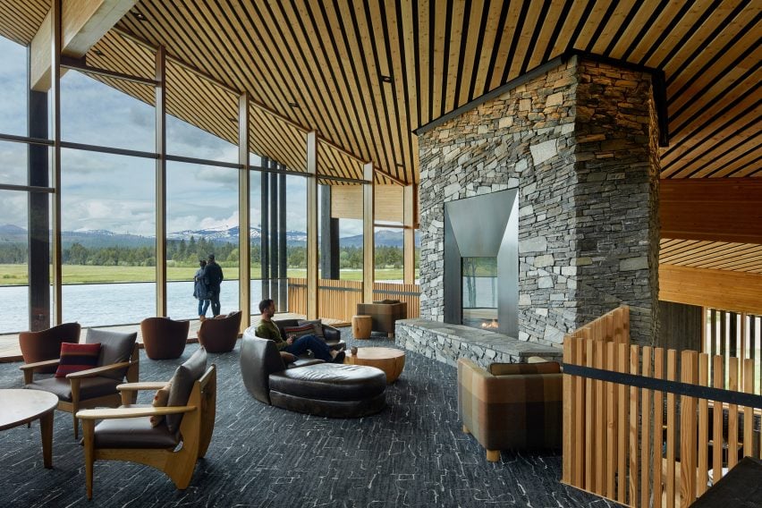 Massive stone fireplace in lodge