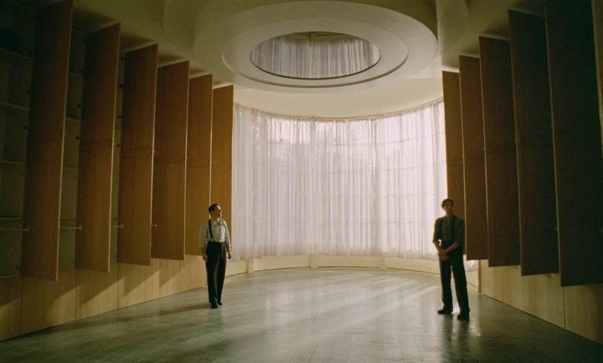 Interior of library in The Brutalist 