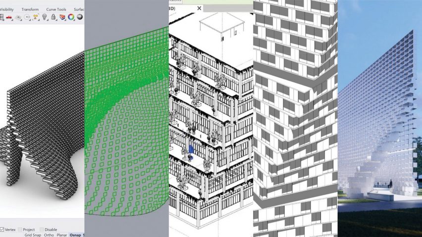 A series of multiple stages into the design of a building, featuring digital illustrations and visualisations.