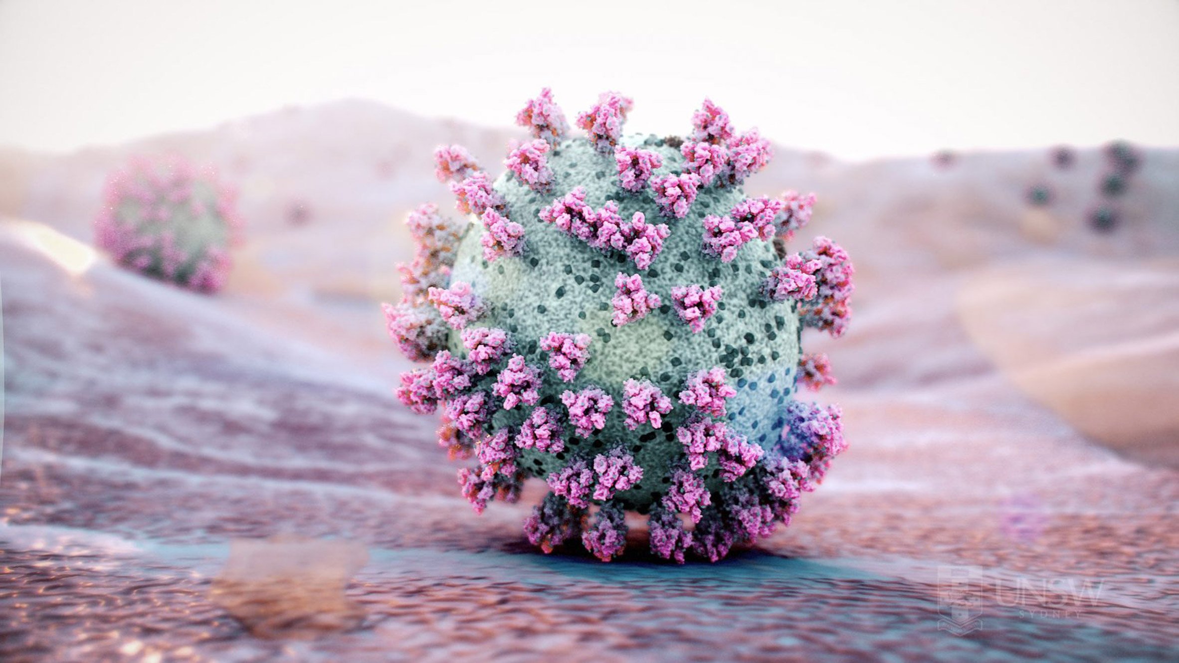 A visualisation of a molecule in tones of pink and green.