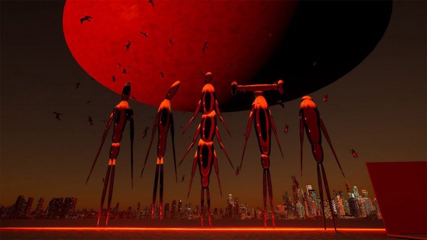 A visualisation of abstract figures in tones of red. There is a city skyline behind them.