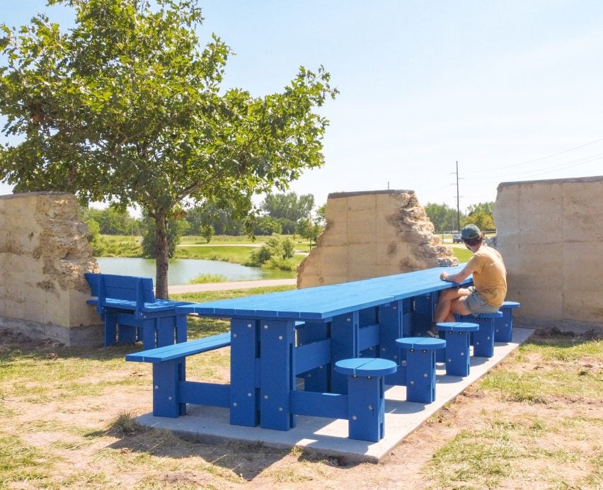 Large blue picnic table