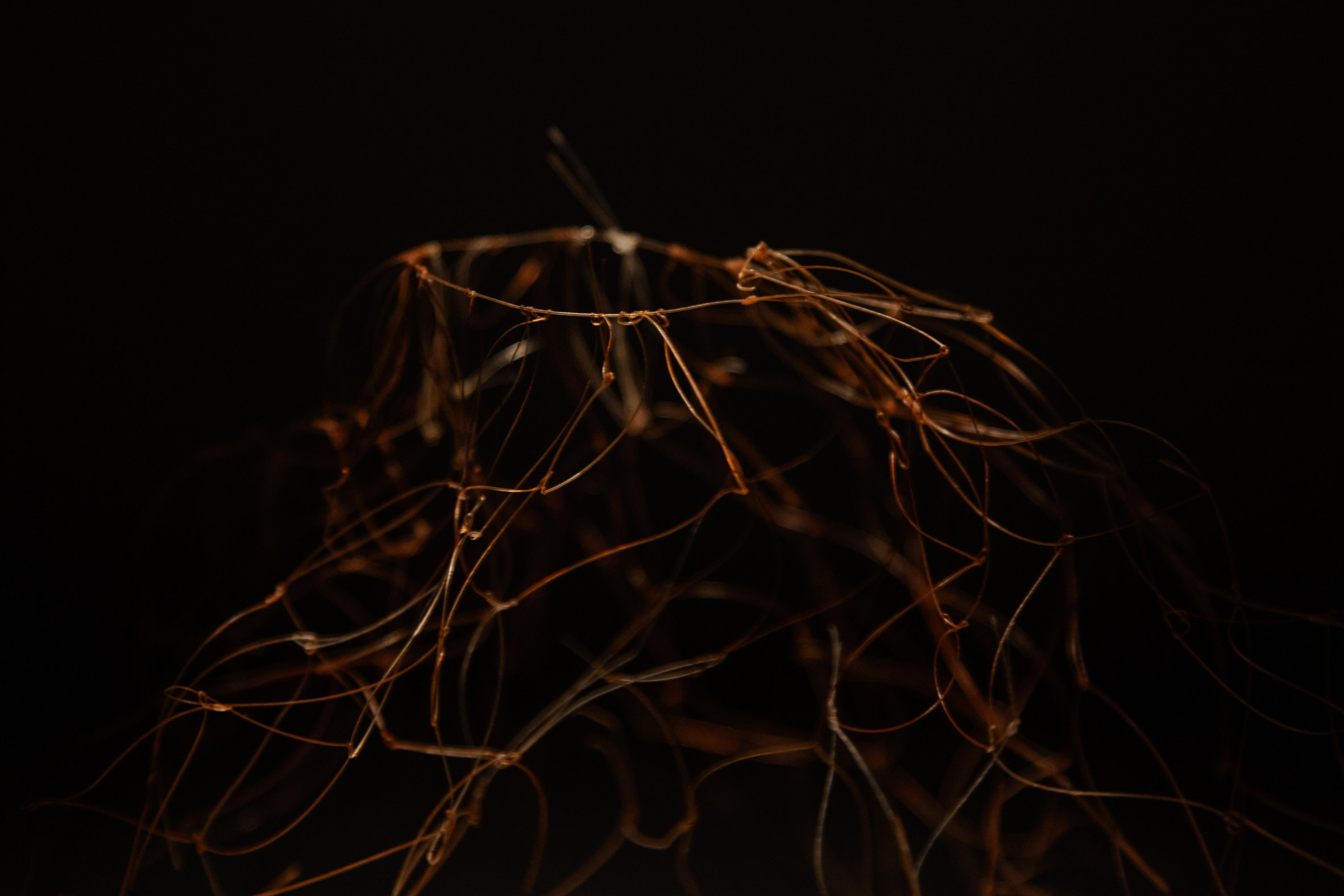 A photograph of a copper wire structure against a black backdrop.