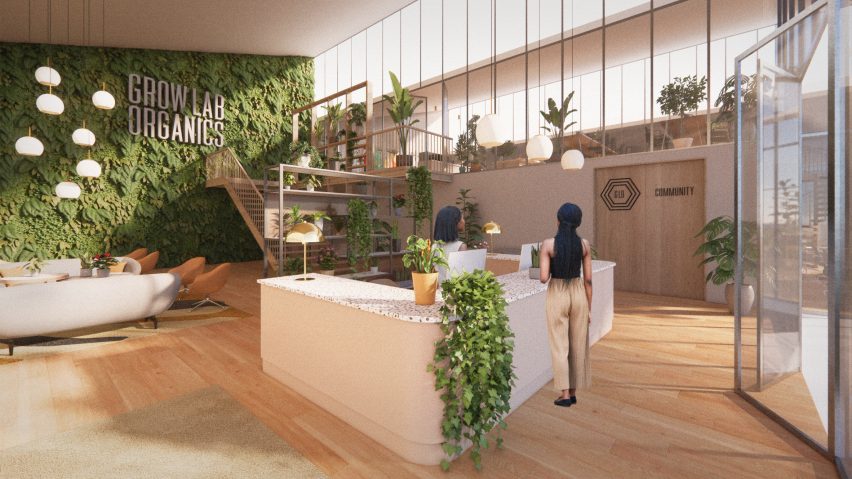 Interior render of GrowLab Organics cannabis facility by Mailen Design