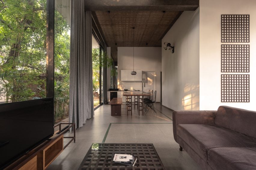 White living area with sliding glass doors