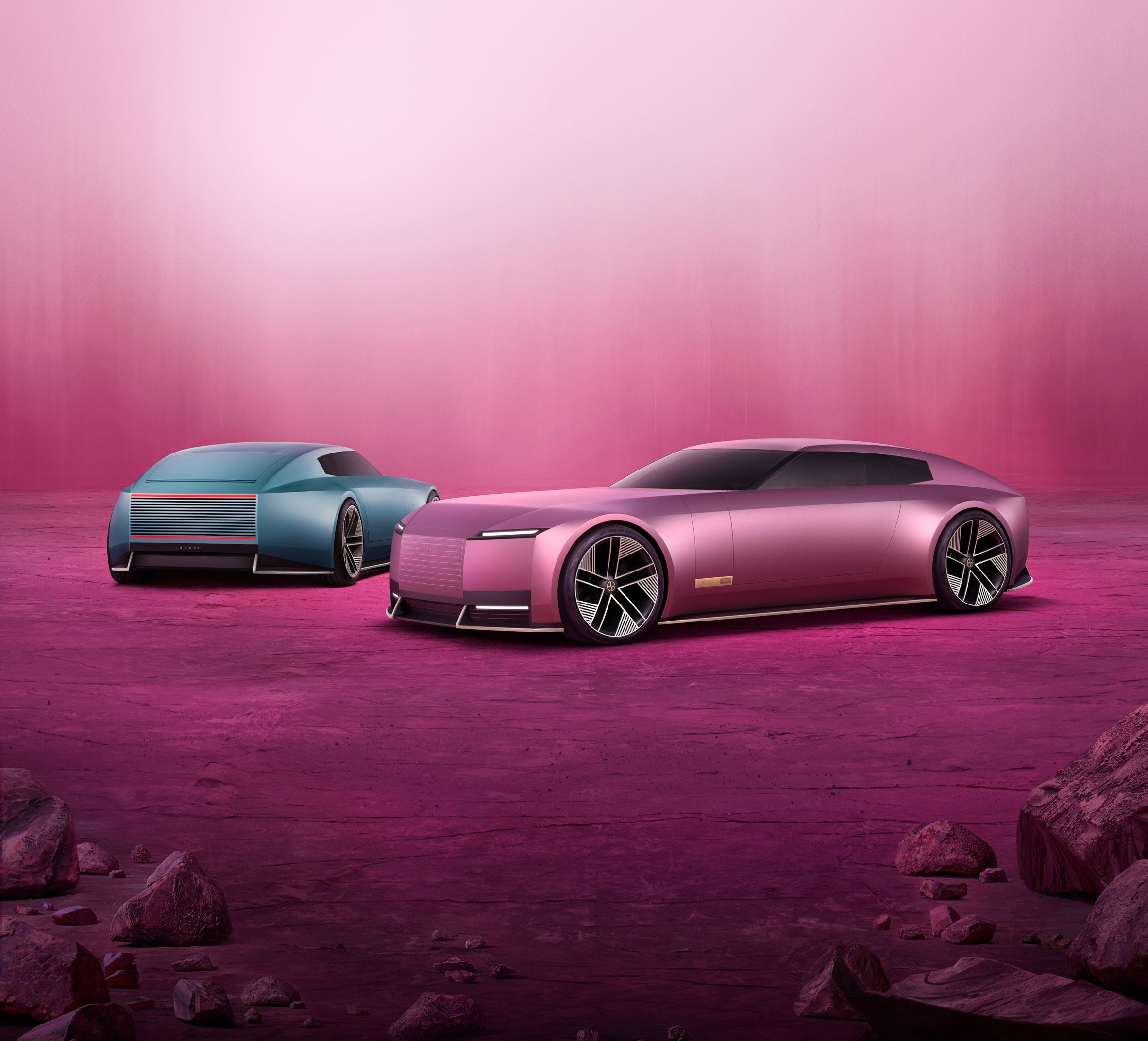 Rendering of pink and blue Jaguar Type 00 concept cars