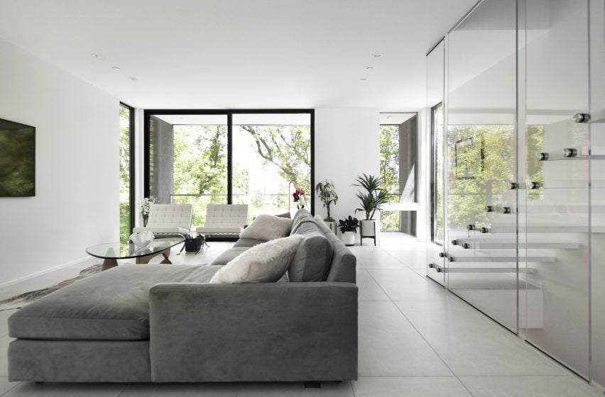 Living room of Curtain House by Johnsen Schmaling Architects