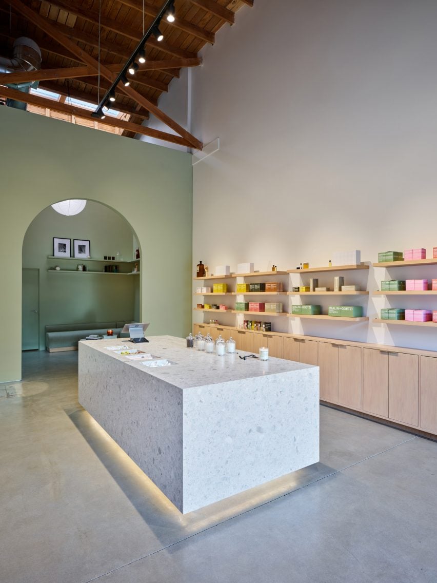 Malin+Goetz store in Silver Lake with white terrazzo counter in the centre