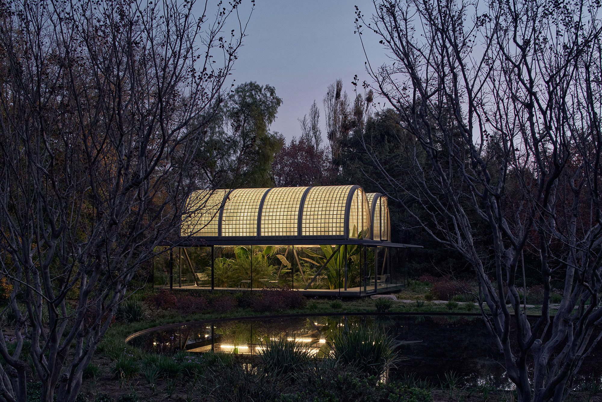 Glass brick greenhouse chile at night