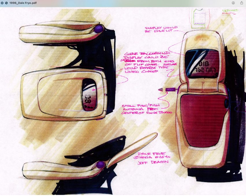 Sketches and notes for a clamshell phone by Dale Frye from 1996 from the Nokia Design Archive, Aalto University Archives