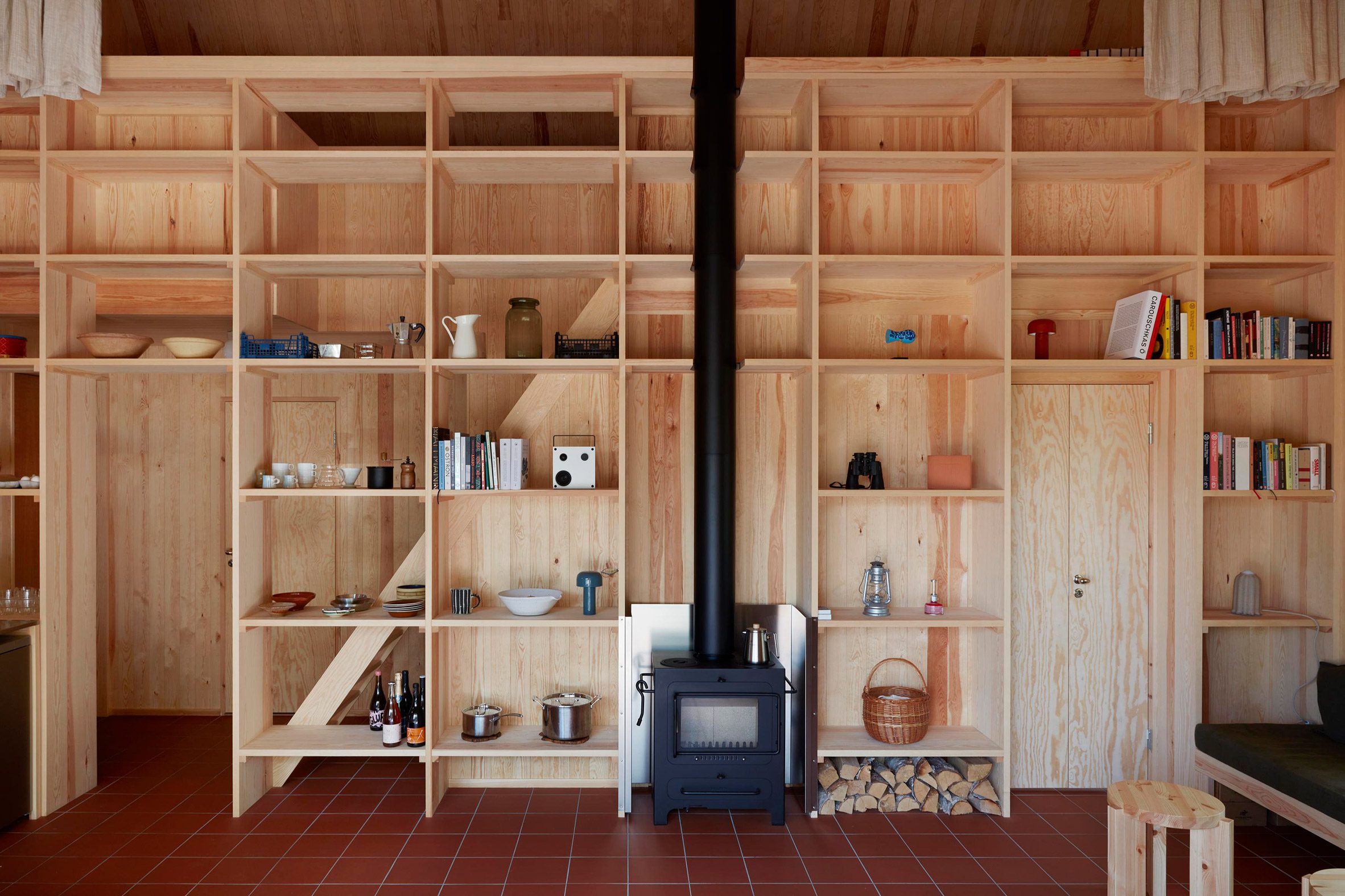 Bookcase framing wood-burning stove