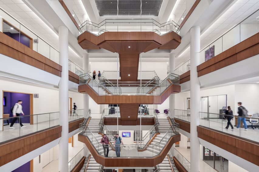 A central atrium surrounded by classrooms and recording studios