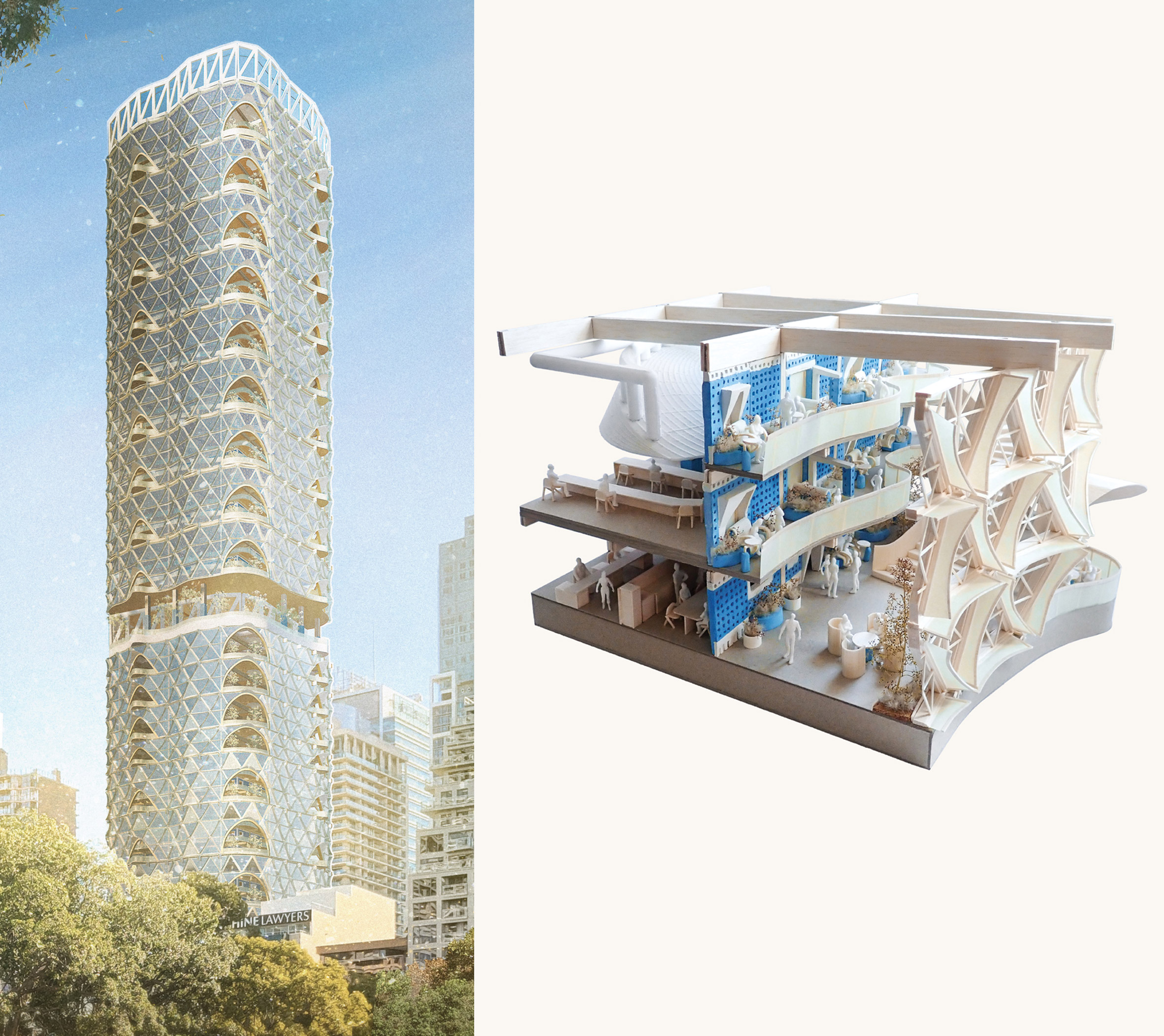 Two visualisations side by side, one showing a skyscraper in tones of blue and beige, amongst a blue sky. The other shows a component of the building in closer detail.