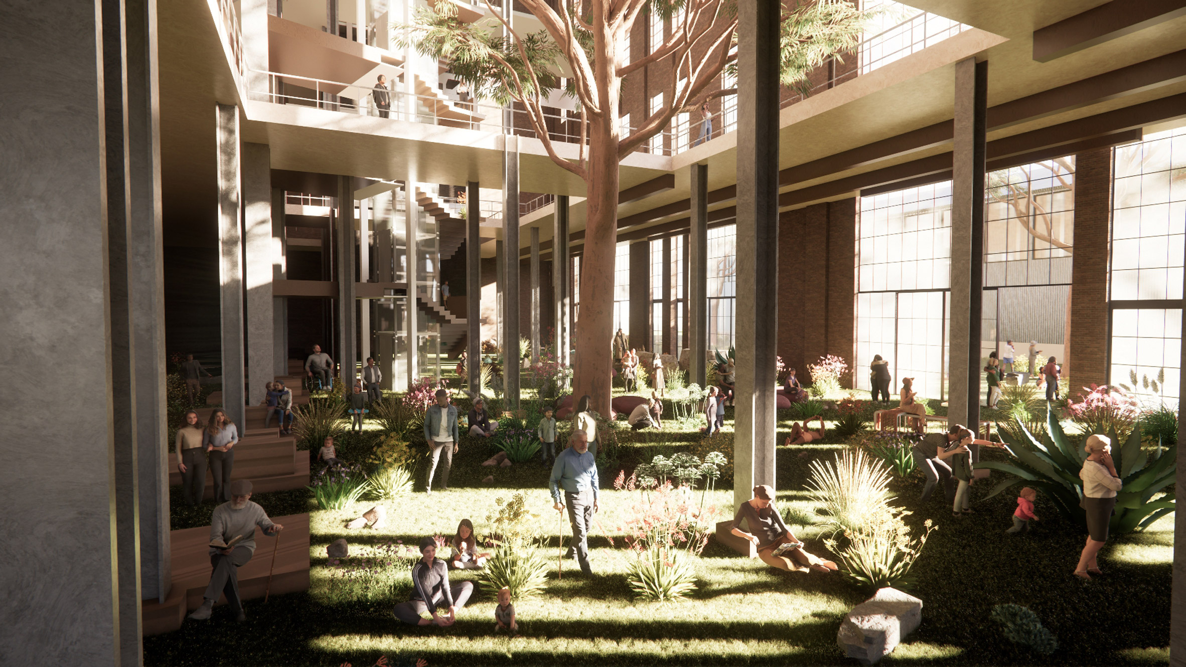 A visualisation of a building with an integrated garden inside with grass, trees and plants. There are people sat on the grass and throughout the space.