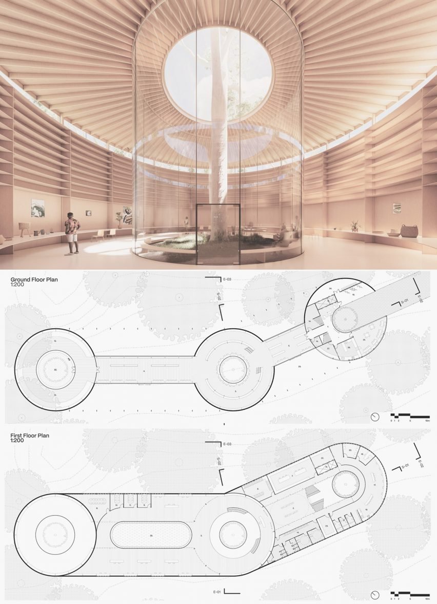 A visualisation and map of a building design. The visualisation is in tones of beige, showing a circular room with panels on its walls and ceiling, and a large glass cylinder in its centre leading up to the ceiling. The map is in tones of black and white.