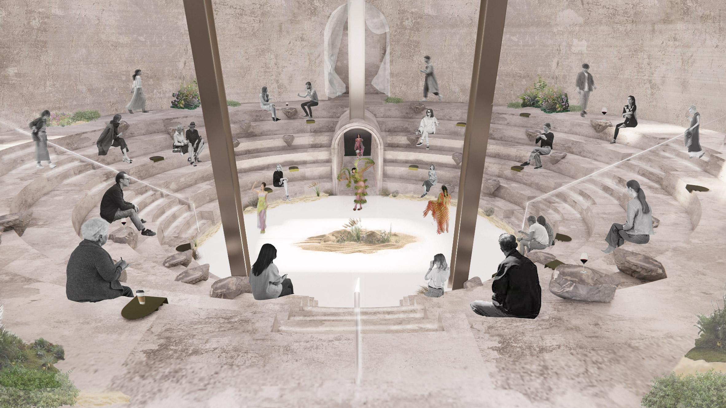 A visualisation of an outdoor circular space in tones of beige with steps around it, and people sat on them.