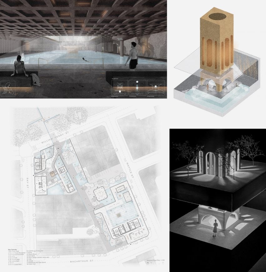 Multiple images detailing the design of a building, in tones of black, grey, white, beige and blue. Included are visualisations of both its exterior and interior and a map of its location.