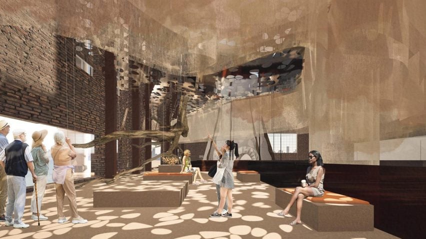 A visualisation of a large room in tones of beige and brown, with circular light patterns reflected onto the floor and large sheets of fabric suspended in the air. There are figures in the space.