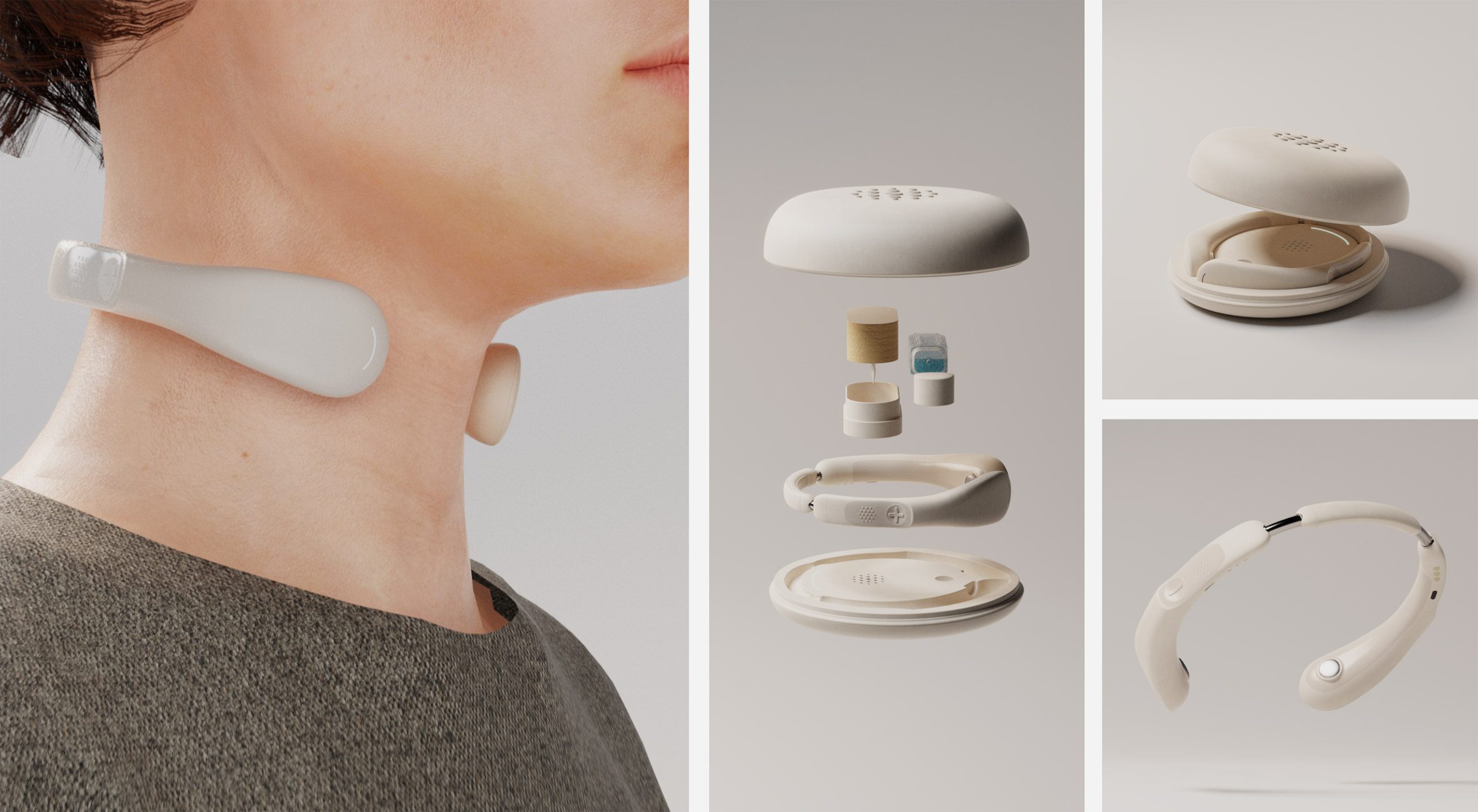 A series of images of a device used to aid migraines, in a circular shape and in tones of white, which sits around a person's neck.