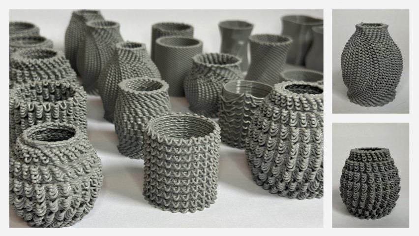 A series of images of multiple textured vases in tones of grey.