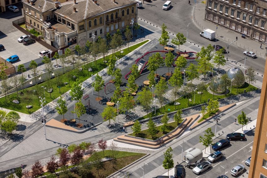 Above view of Uspenska Square in Ukraine