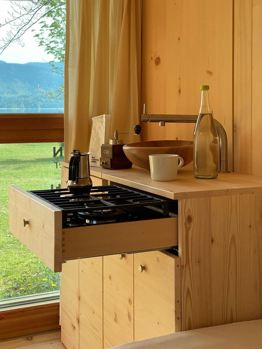 Cooking station inside mobile home cabin