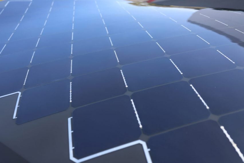 Close-up photo of the Aptera production-ready vehicle's solar panels