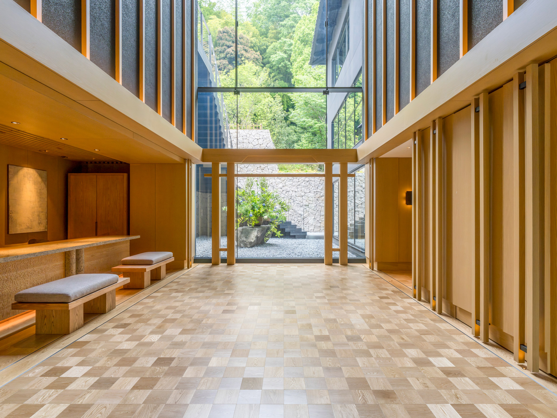 Lobby of hotel by Kengo Kuma