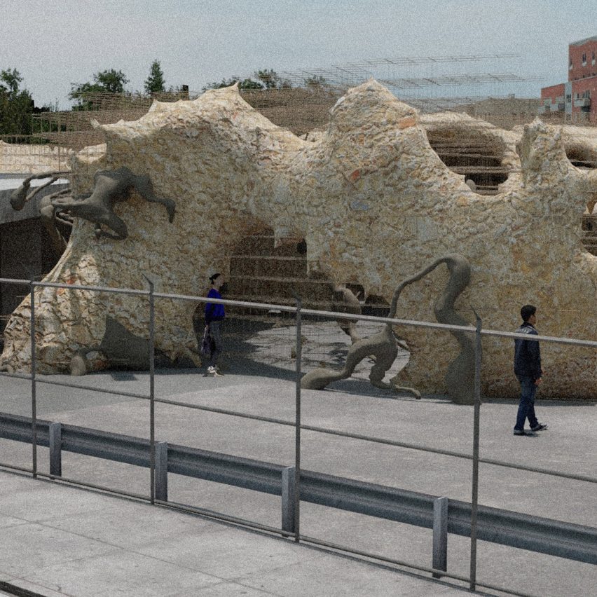 a visualisation of an outdoor beige structure