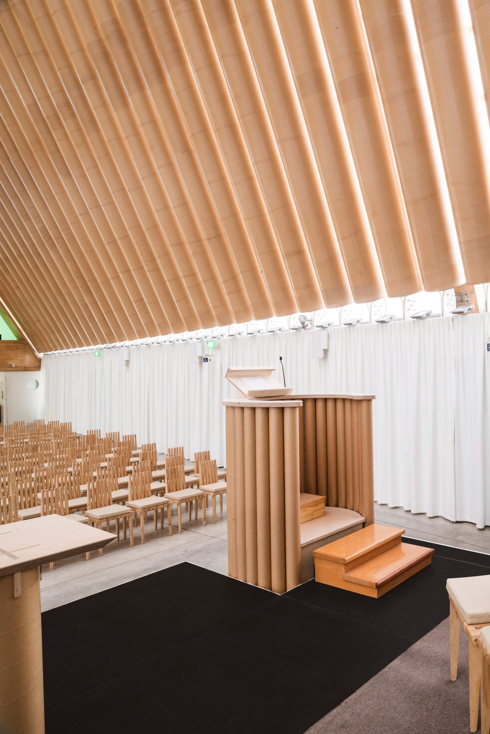 Interior of Cardboard Cathedral by Shigeru Ban