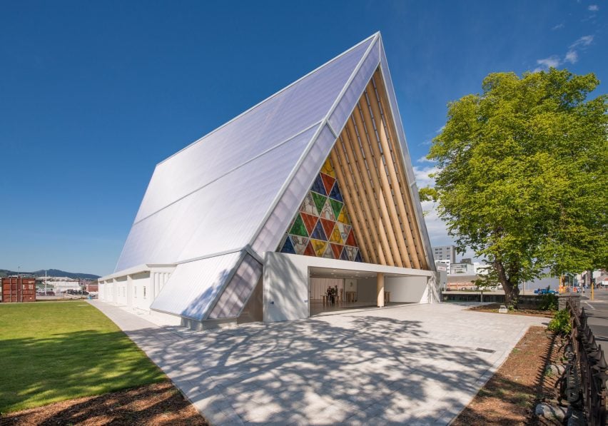 Exterior view of Cardboard Cathedral by Shigeru Ban