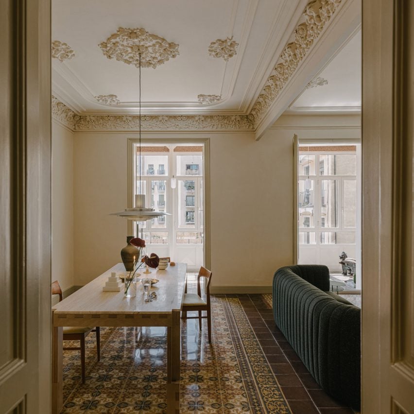 Barcelona apartment with mosaic floors and ceiling mouldings