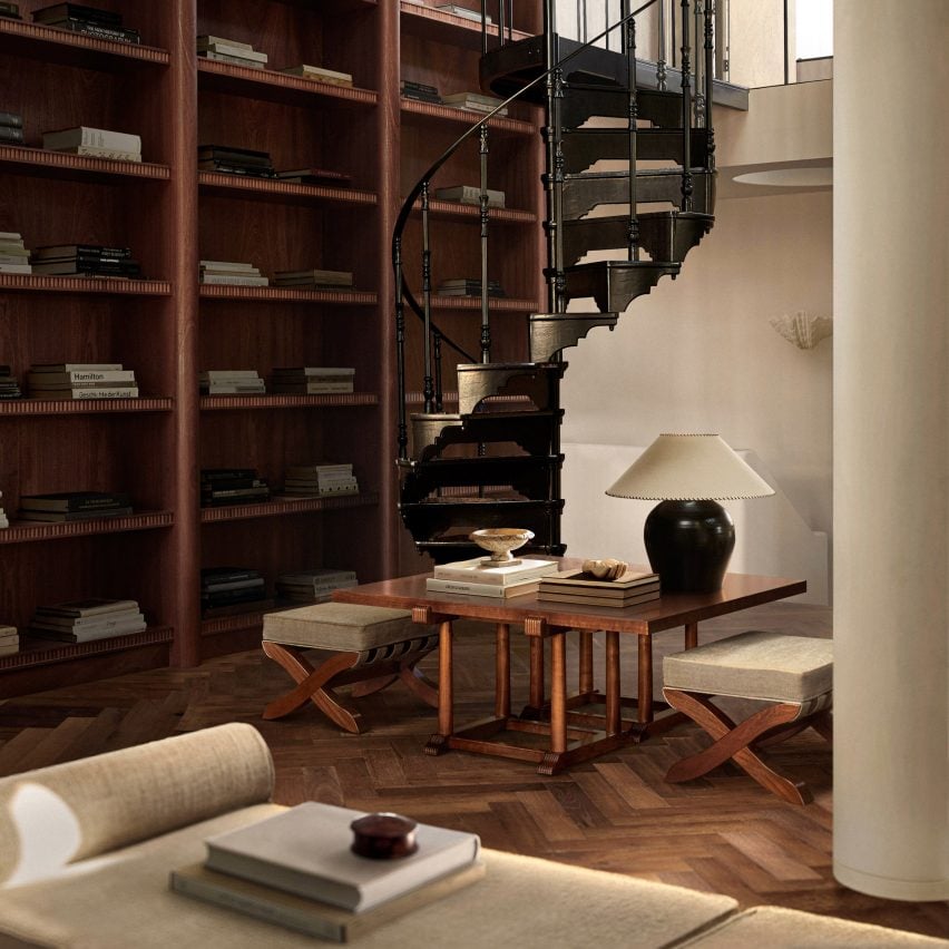 Wooden shelving and cream plaster walls