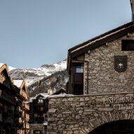Exterior shot of hotel with stone facade