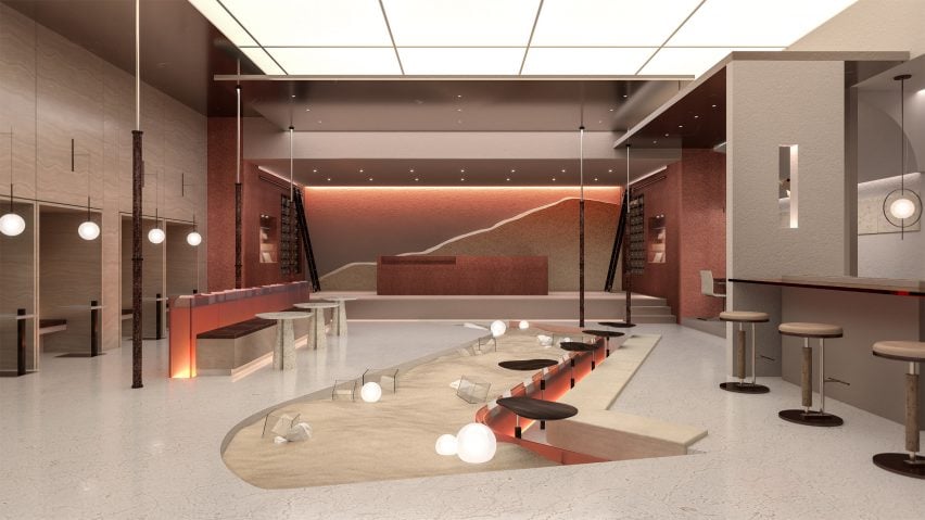 A visualisation of a large room, in tones of beige, grey and red.