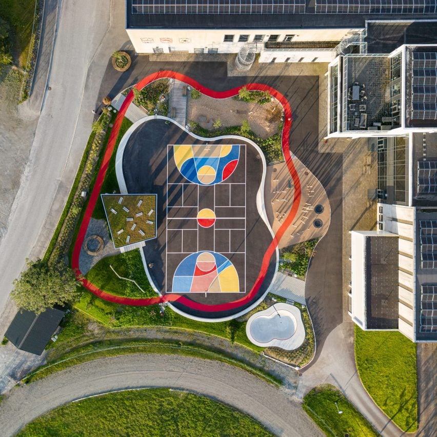 Aerial view of basketball park and multipurpose plaground