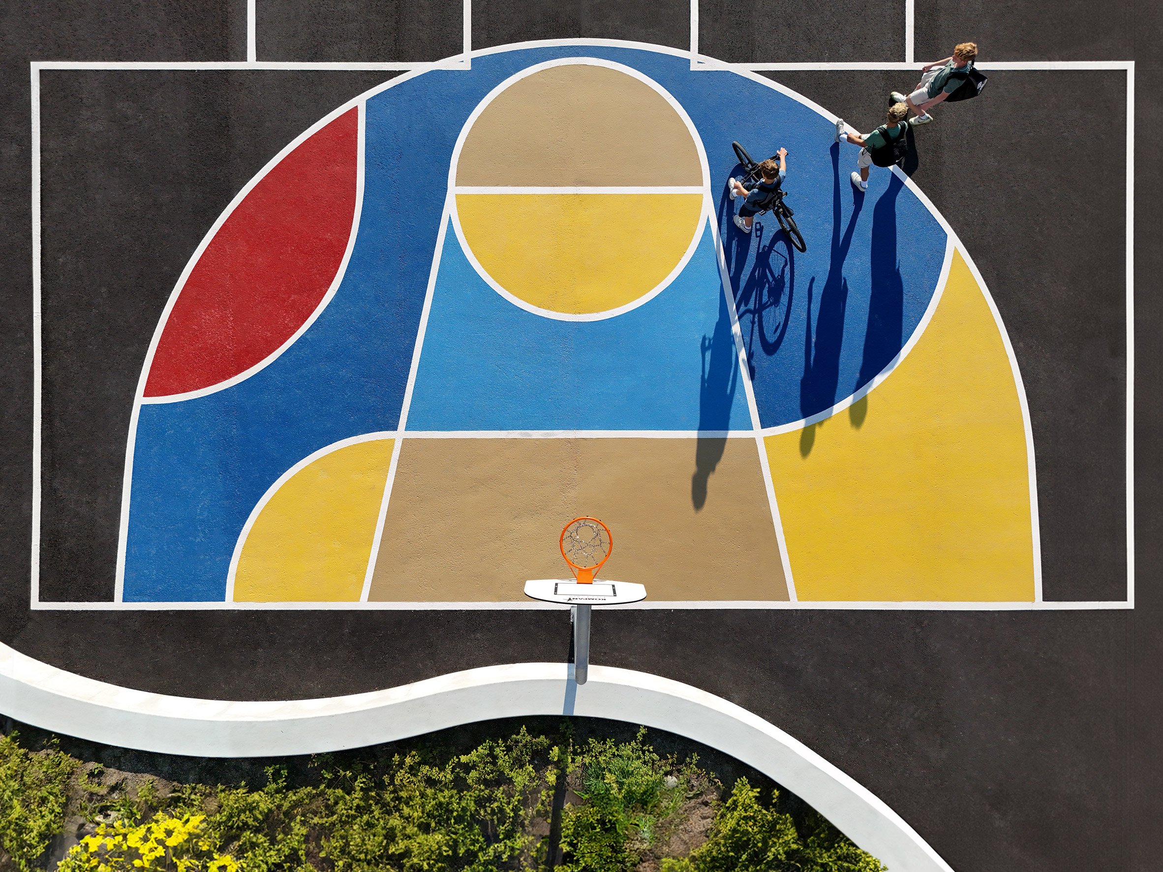 Aerial view of full-size basketball court