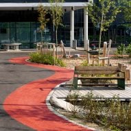 Pathways weave around seating and planted areas