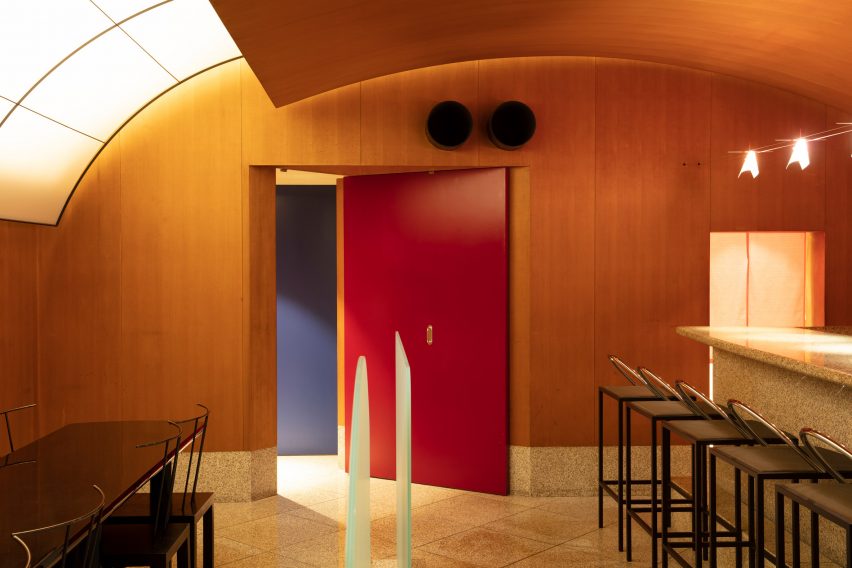 Interior of Kiyotomo's sushi bar with curved roof