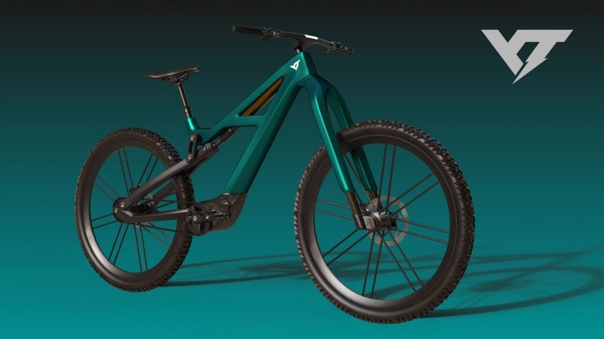 A visualisation of a bike design in tones of green with black wheels and against a green backdrop.