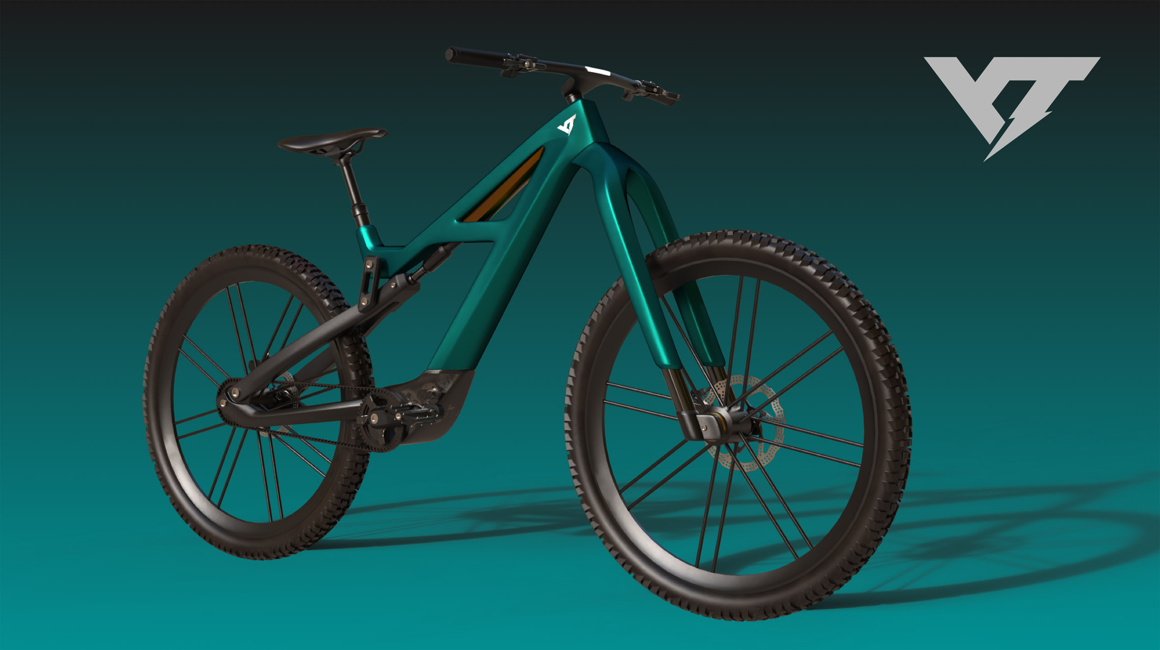 A visualisation of a bike design in tones of green with black wheels and against a green backdrop.