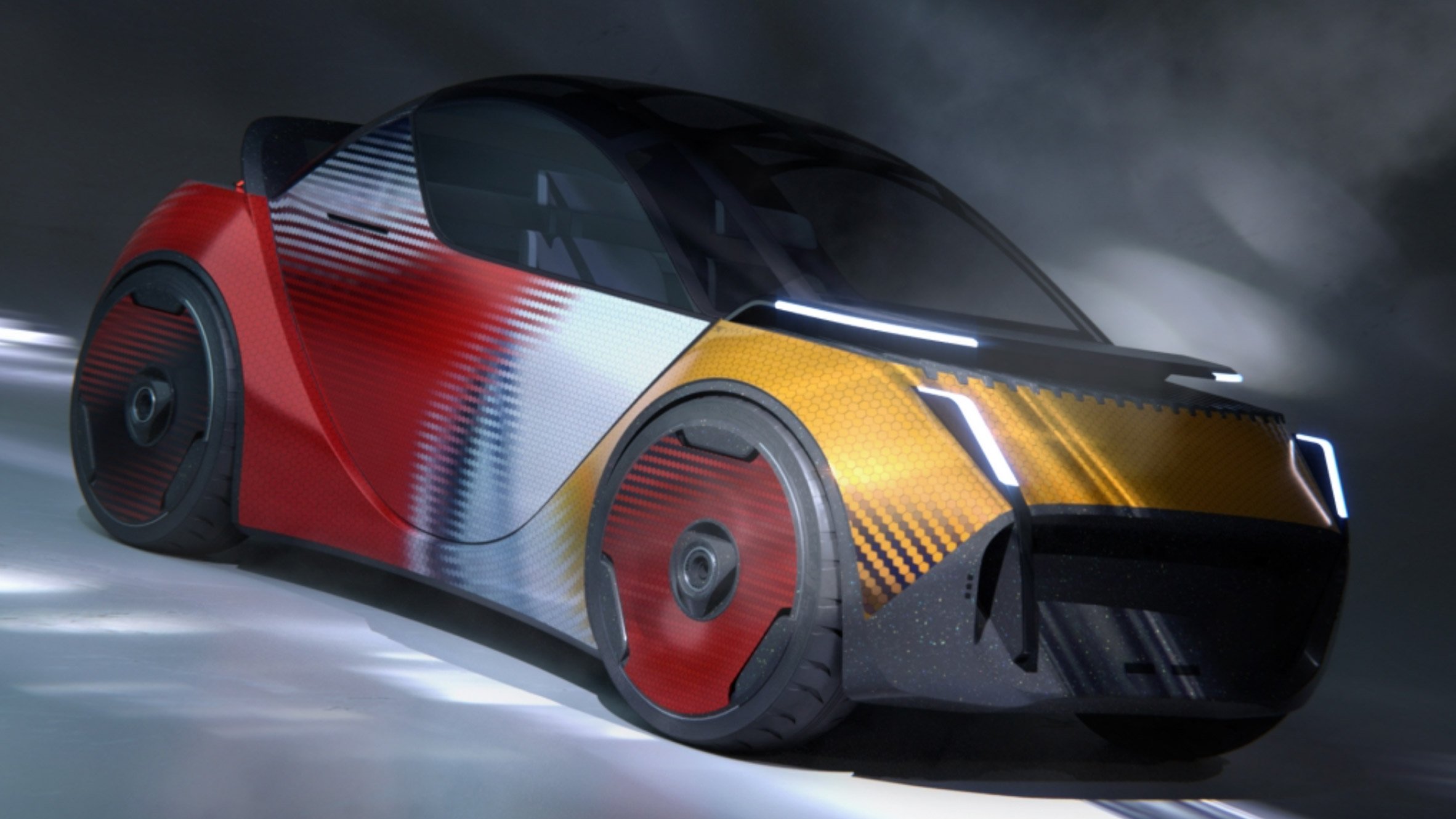 A visualisation of a car design, in tones of yellow, red, white and black.