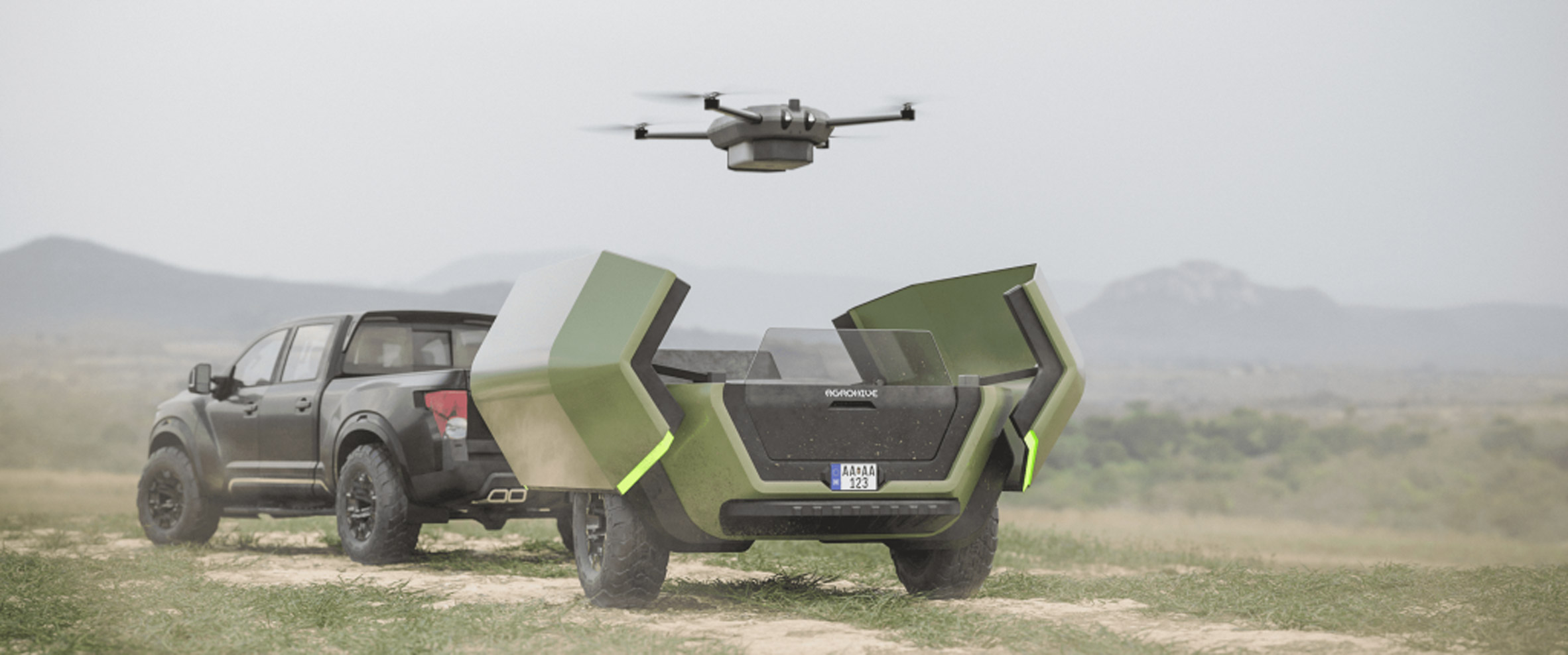 A visualisation of a black car towing a green vehicle, with a drone hovering over it.