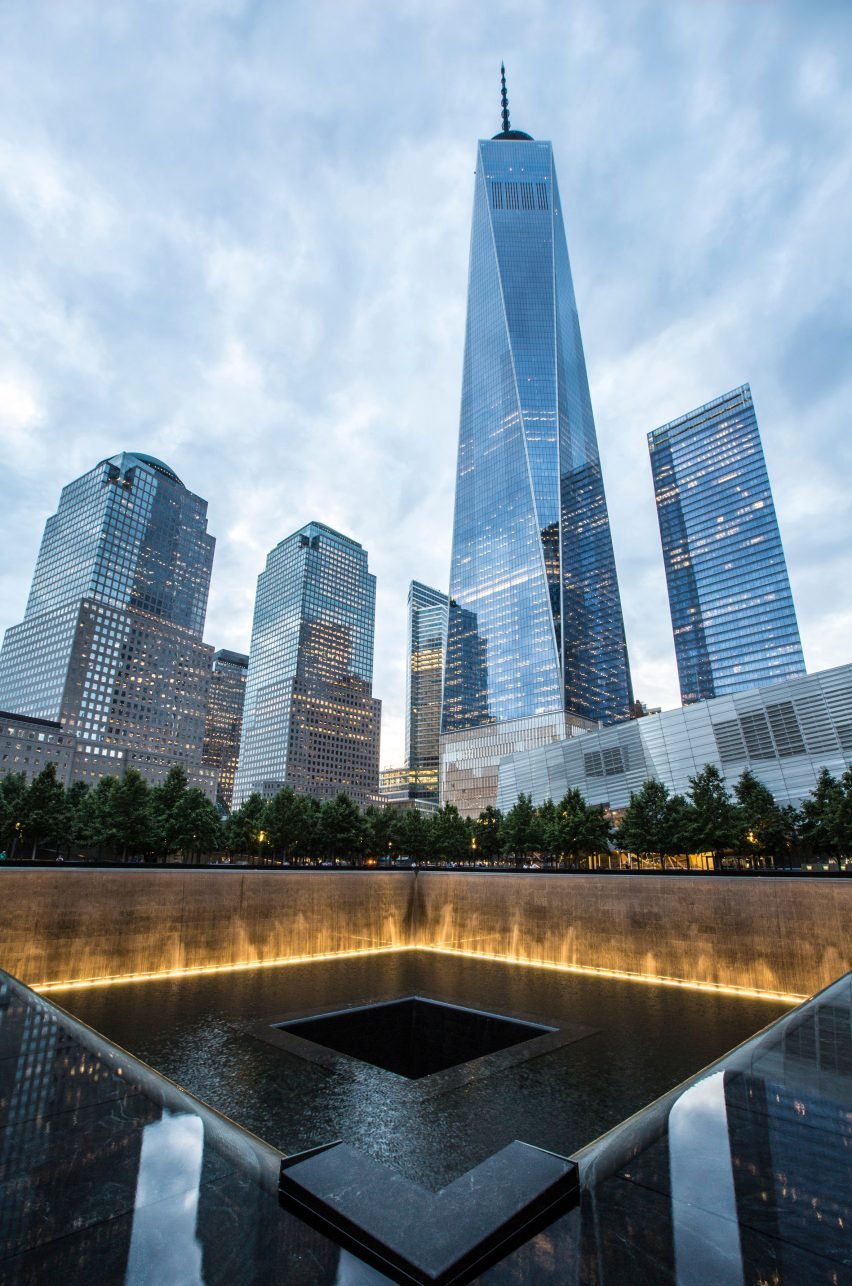 9/11 Memorial with skyscrapers in the background