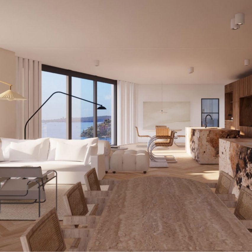 a visualisation of a lounge area in tones of beige and white